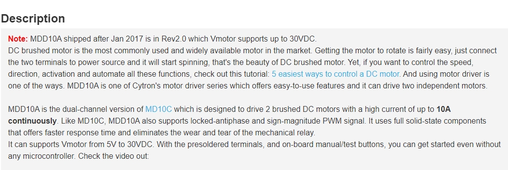 MDD10A 10Amp 5V-30V DC モータードライ - Motor Driver Module のレビューと価格